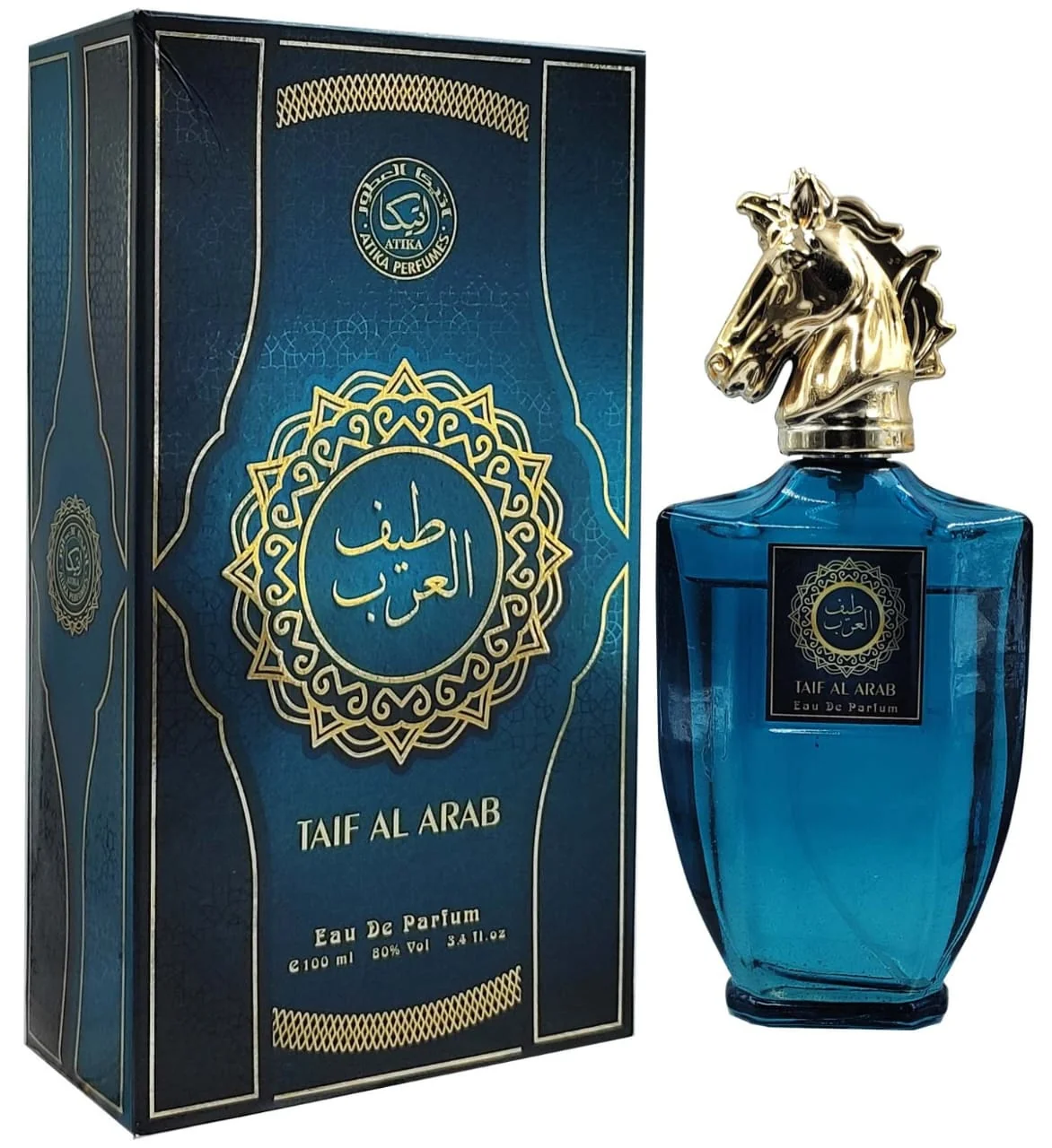 Atika Perfumes Taif Al Arab Eau De Parfum 100ml – Blue Glass Bottle with Gold Horse Head Cap