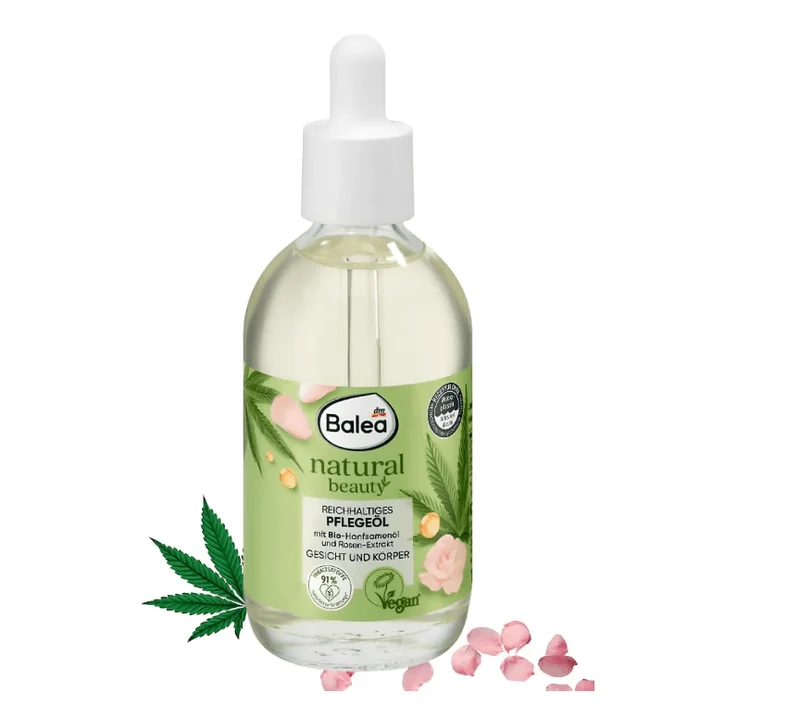 Balea Natural Beauty Reichhaltiges Pflegeöl – Rich Care Oil for Face & Body with Bio-Hemp Seed Oil & Rose Extract