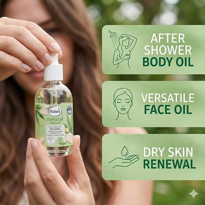 Balea Natural Beauty Reichhaltiges Pflegeöl – Rich Care Oil for Face & Body with Bio-Hemp Seed Oil & Rose Extract
