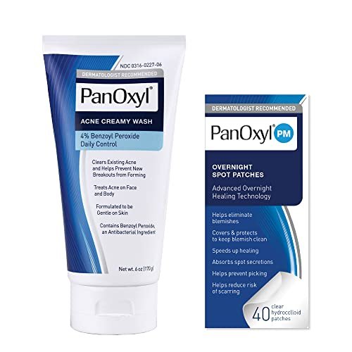 PanOxyl Acne Treatment Set – 4% Benzoyl Peroxide Creamy Wash (6 oz / 170 g) & PM Overnight Spot Patches (40 Count)
